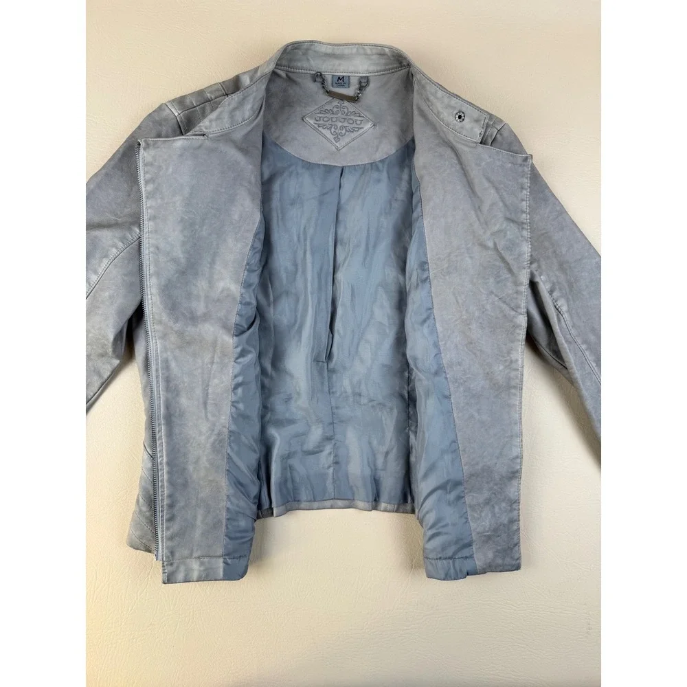 Edgy Moto Jacket‎ Distressed Grey Faux Leather Medium Joujou